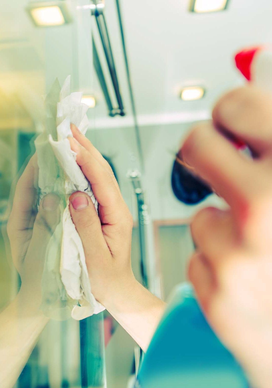 Woman cleaning office windows